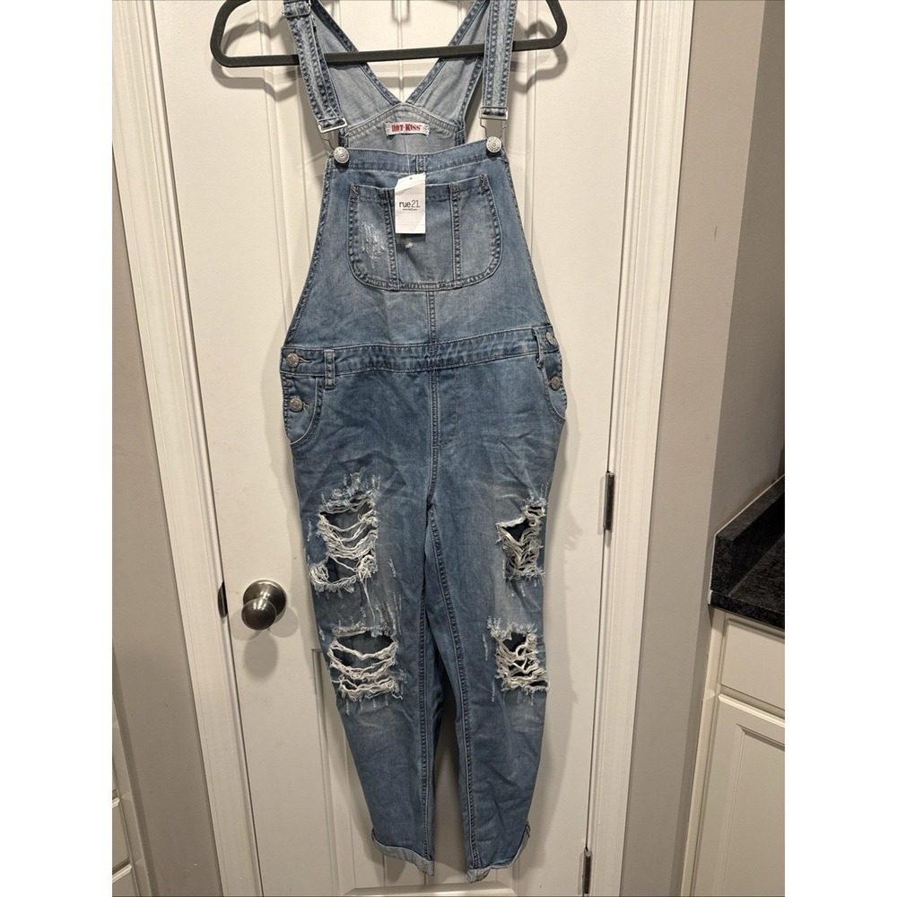 womans Rue 21 KissKiss jean distressedbib overalls size 10 NWT